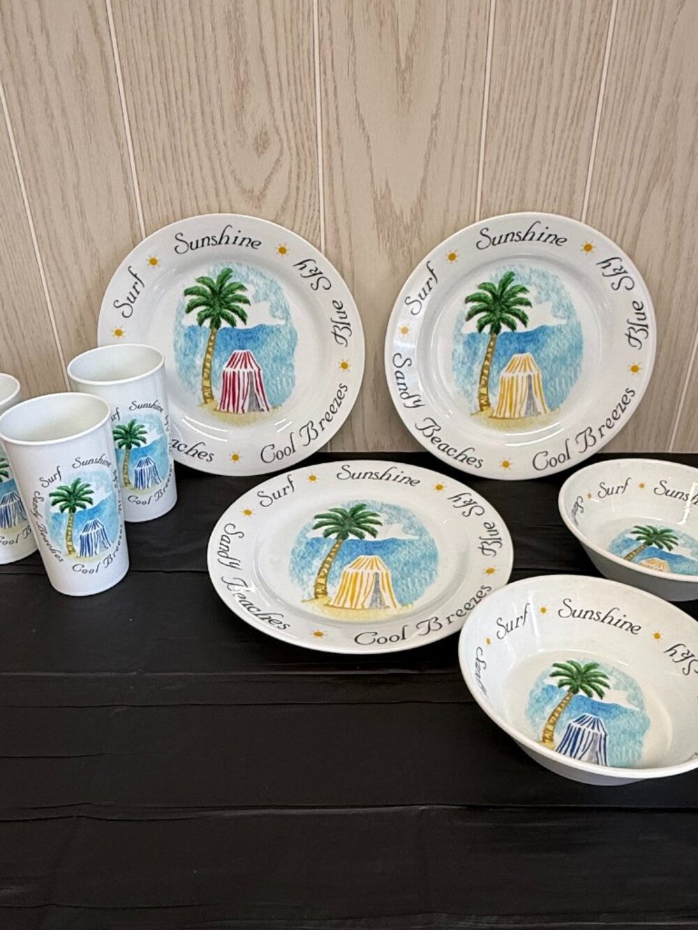 Beach Theme Plastic Dish Set Plates Bowls Cups Surf Sandy Beaches